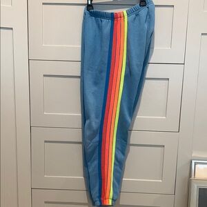 Aviator Nation Blue Joggers with Rainbow Stripe